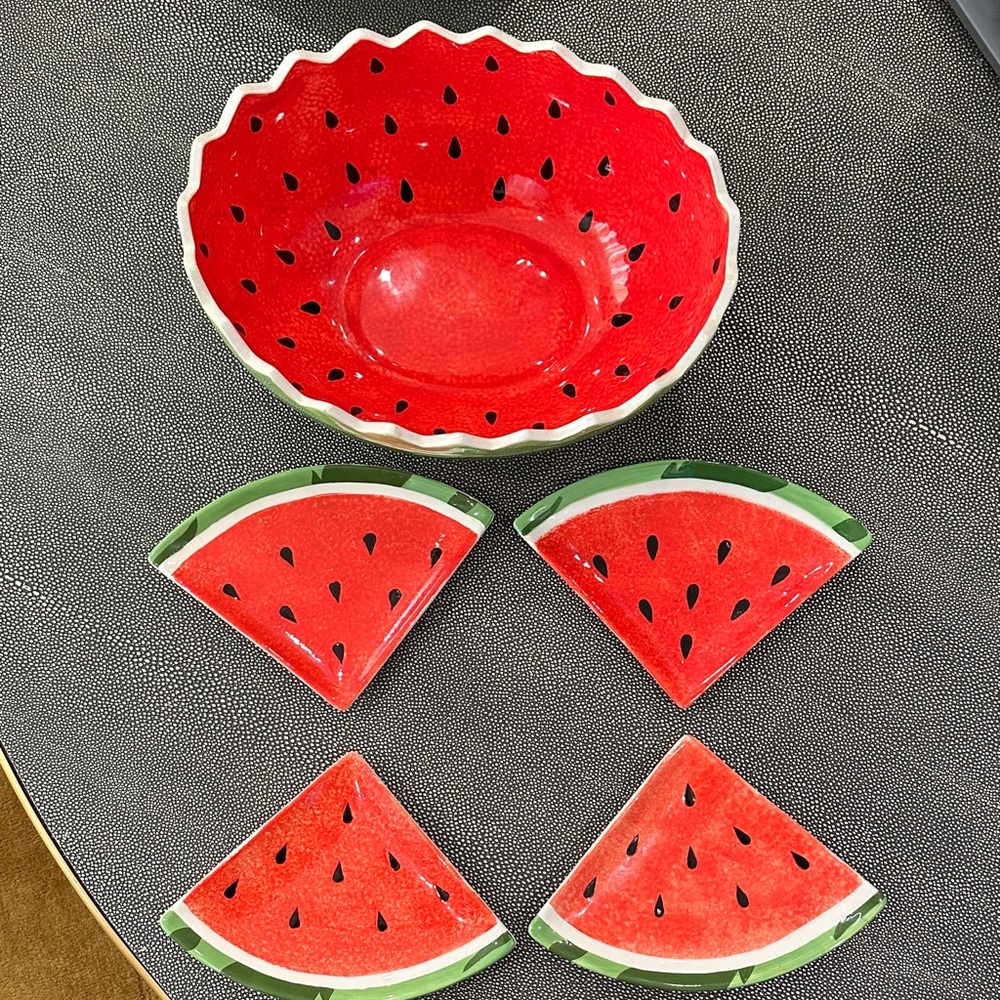 Pier 1 Imports Ceramic Watermelon Party Bowl and Plates Set - Picture 3 of 9